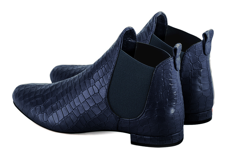 Navy blue women's ankle boots, with elastics. Round toe. Flat block heels. Rear view - Florence KOOIJMAN